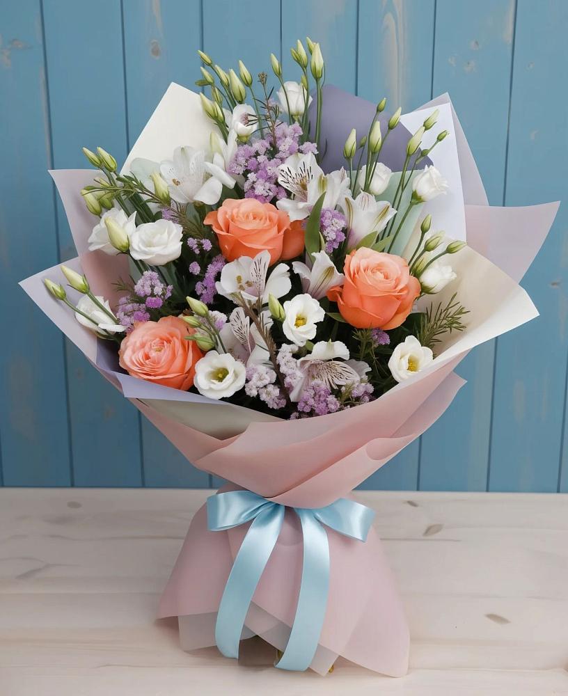 Букет цветов из: Лизиантусы, Розы, Альстромерии и Гипсофила в Воздвиженское