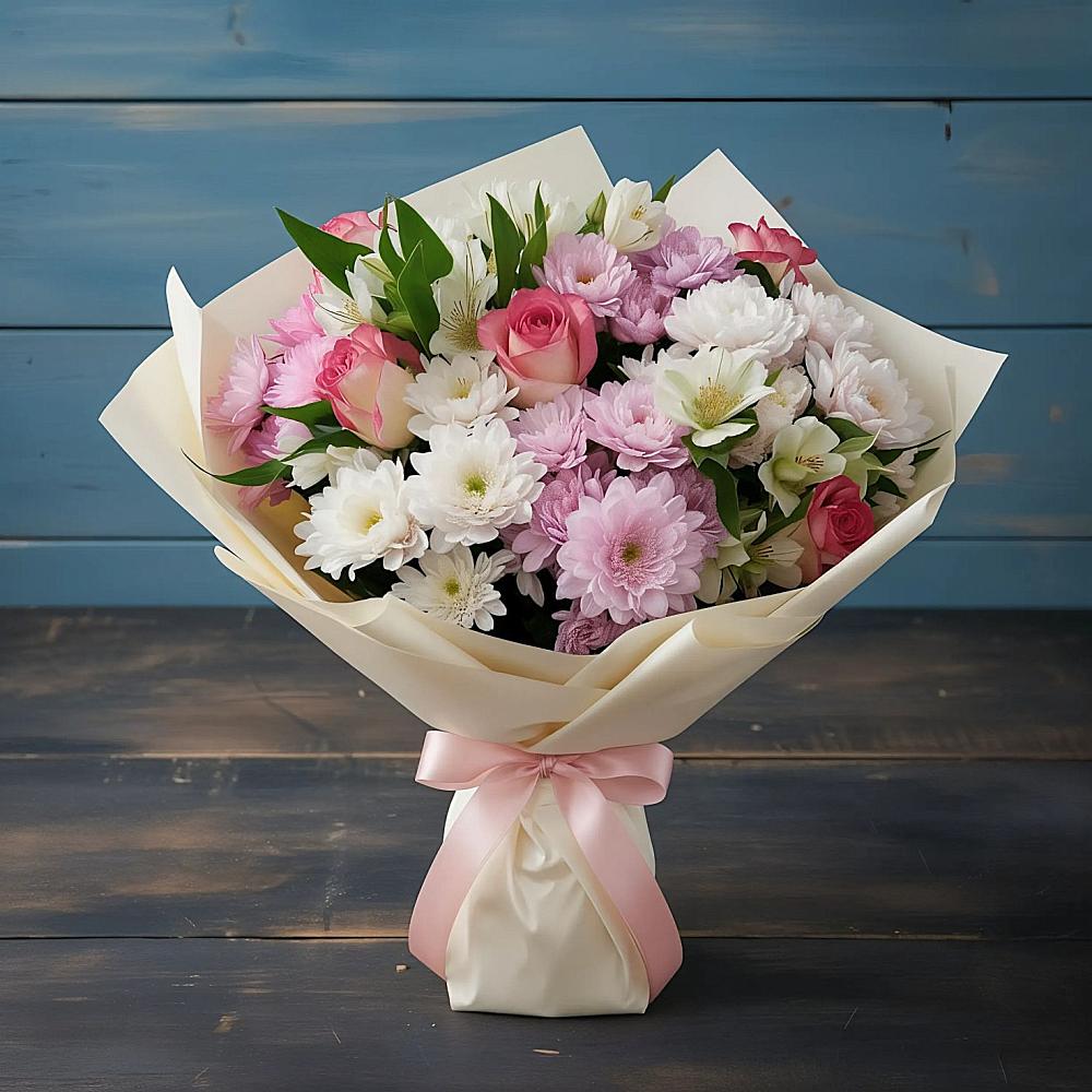 Букет цветов из: Хризантемы, Альстромерии и Розы в Воздвиженское